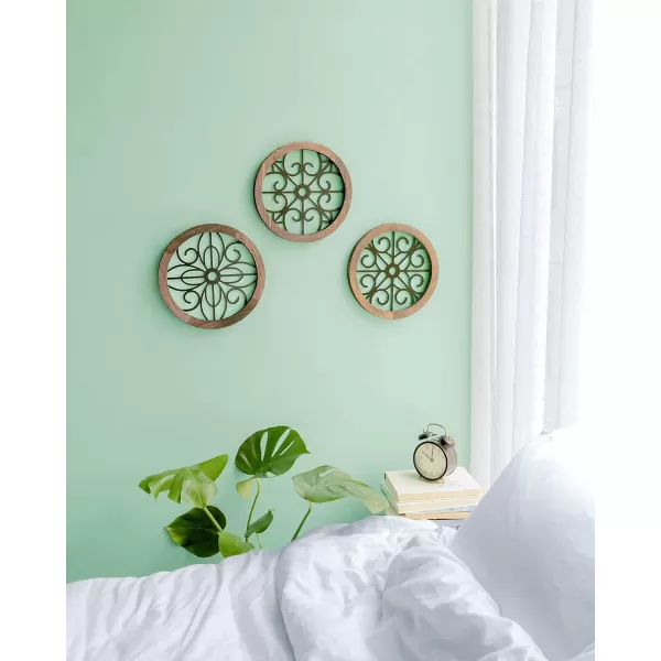Mkono Thickened Wall Decor 3 Pack Rustic Round Wall Art Geometric Scrolled Metal with Wooden Frame Farmhouse Hanging Decoration for Living Room Hallway Bedroom Small Size 97 x 97
