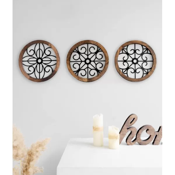 Mkono Thickened Wall Decor 3 Pack Rustic Round Wall Art Geometric Scrolled Metal with Wooden Frame Farmhouse Hanging Decoration for Living Room Hallway Bedroom Small Size 97 x 97