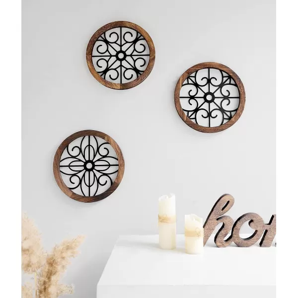 Mkono Thickened Wall Decor 3 Pack Rustic Round Wall Art Geometric Scrolled Metal with Wooden Frame Farmhouse Hanging Decoration for Living Room Hallway Bedroom Small Size 97 x 97