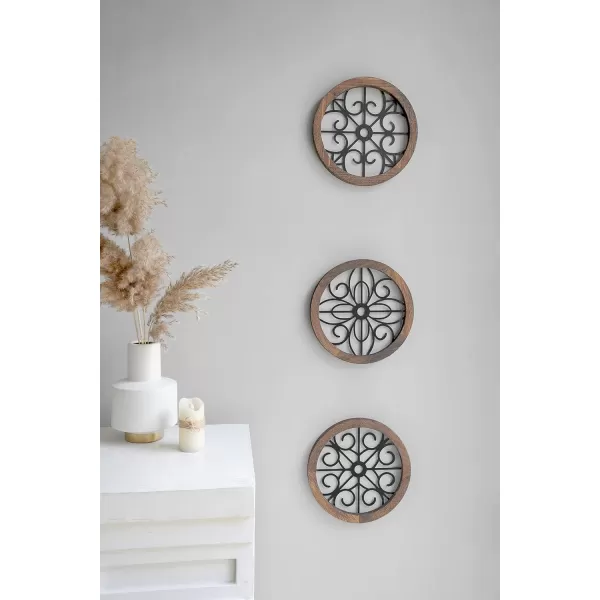 Mkono Thickened Wall Decor 3 Pack Rustic Round Wall Art Geometric Scrolled Metal with Wooden Frame Farmhouse Hanging Decoration for Living Room Hallway Bedroom Small Size 97 x 97