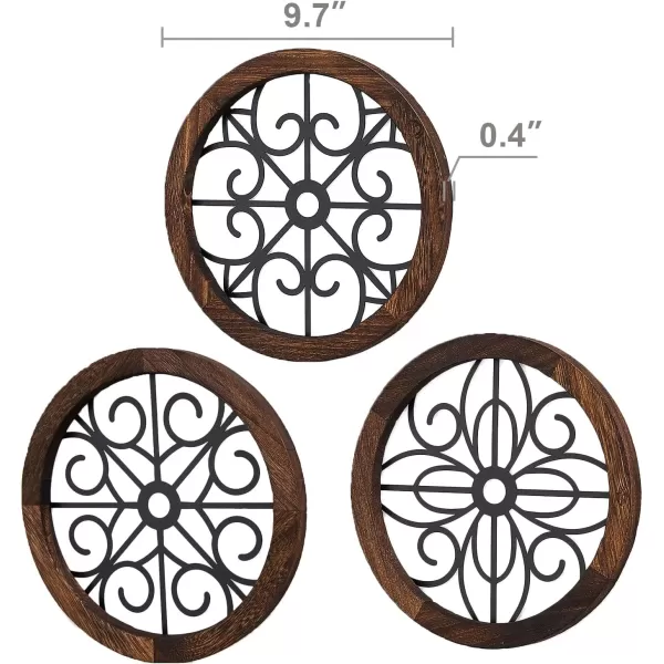 Mkono Thickened Wall Decor 3 Pack Rustic Round Wall Art Geometric Scrolled Metal with Wooden Frame Farmhouse Hanging Decoration for Living Room Hallway Bedroom Small Size 97 x 97