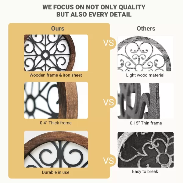 Mkono Thickened Wall Decor 3 Pack Rustic Round Wall Art Geometric Scrolled Metal with Wooden Frame Farmhouse Hanging Decoration for Living Room Hallway Bedroom Small Size 97 x 97