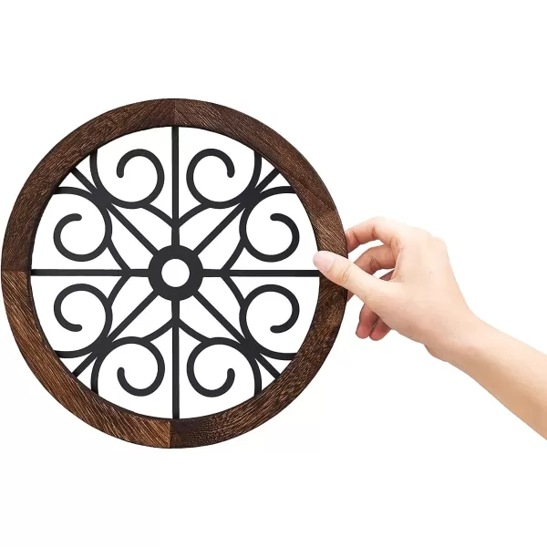Mkono Thickened Wall Decor 3 Pack Rustic Round Wall Art Geometric Scrolled Metal with Wooden Frame Farmhouse Hanging Decoration for Living Room Hallway Bedroom Small Size 97 x 97
