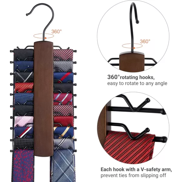 Mkono Tie Rack Wooden Tie Hanger Organizer for Men Closet with 20 NonSlip Clips Retro Space Saving Tie Belt Storage Holder 360 Rotate Sturdy Closet Hanger for Necktie Scarf Organize