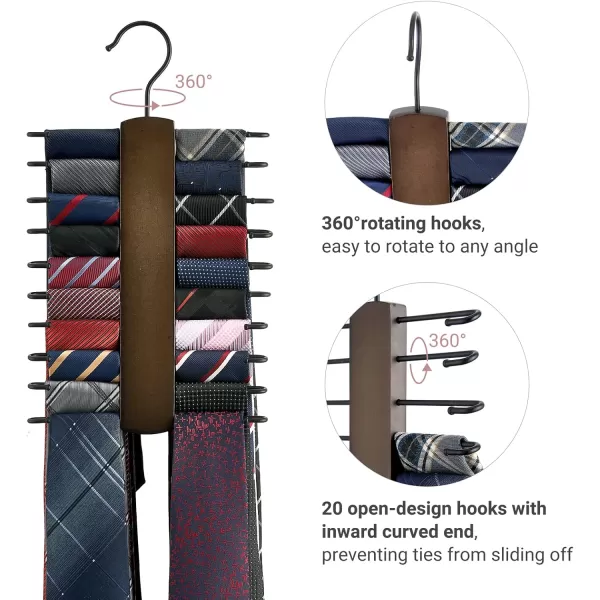 Mkono Wooden Tie Rack Retro Tie Belt Storage Hanger Organizer for Men Closet Space Saving Rack with 20 NonSlip Hooks for Ties Belt Scarf Organize 360 Rotate Hanger Tie Display Holder 1 Piece BrownBrown