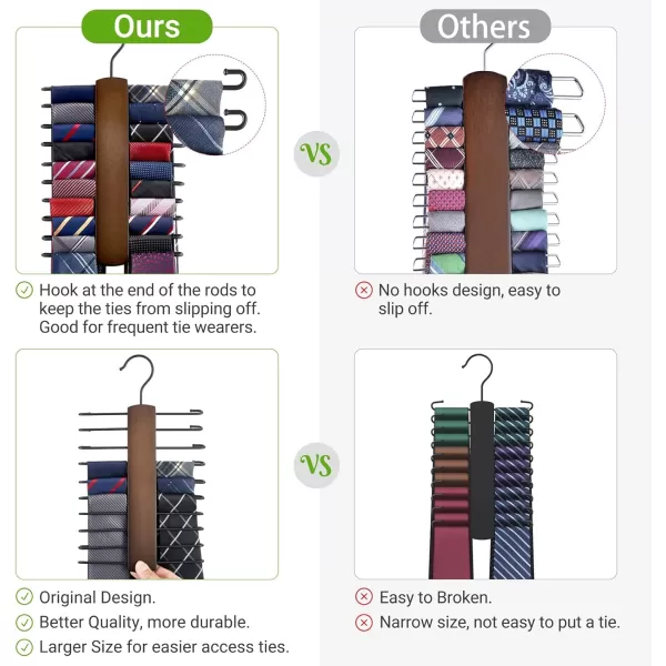 Mkono Wooden Tie Rack Retro Tie Belt Storage Hanger Organizer for Men Closet Space Saving Rack with 20 NonSlip Hooks for Ties Belt Scarf Organize 360 Rotate Hanger Tie Display Holder 1 Piece BrownBrown