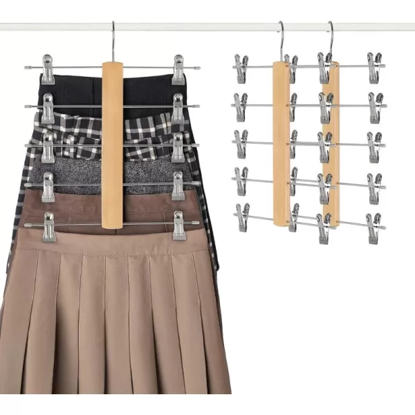 Mkono 3 Pack Pants Hangers Space Saving 5 Tier Skirt Hanger with Adjustable Clips Natural Wood Rubber Coated Clips Clothes Hanger for Shorts Trouser Organize 360 Swivel Multiple Closet Storage Hanger