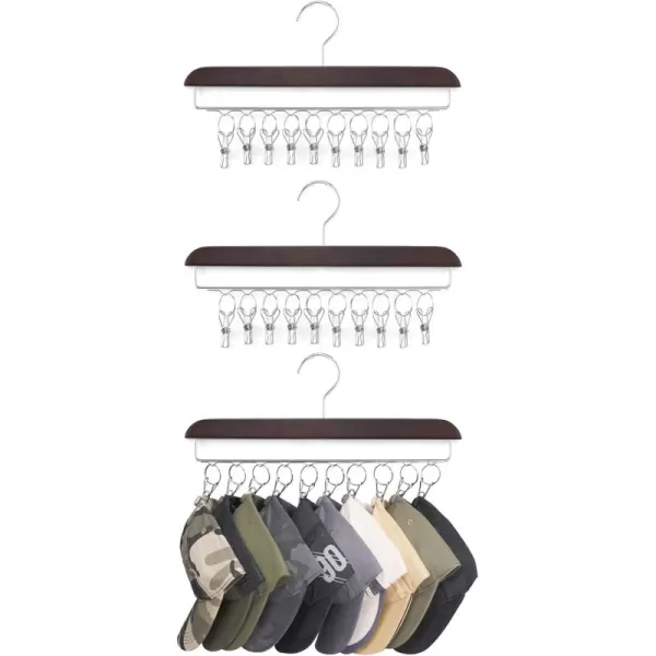 Mkono Hat Organizer Hanger for Closet Set of 3 Wooden Hat Racks for Baseball Caps with 30 Stainless Steel Clips Baseball Hat Organizer Holder for Closet Storage Fits All Caps Set of 3