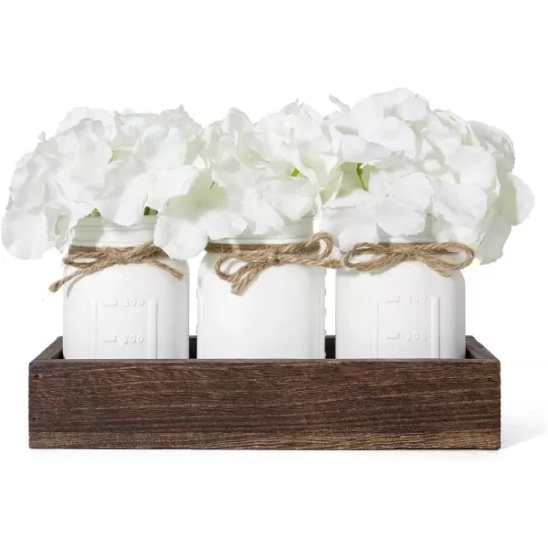 Mkono Mason Jar Centerpiece Decorative Wood Tray with 3 Painted Jars Artificial Flowers Rustic Country Farmhouse Fall Decor for Coffee Table Dining Room Living Room KitchenWhite
