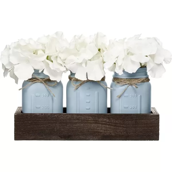 Mkono Mason Jar Centerpiece Decorative Wood Tray with 3 Painted Jars Artificial Flowers Rustic Country Farmhouse Fall Decor for Coffee Table Dining Room Living Room KitchenGrey Blue