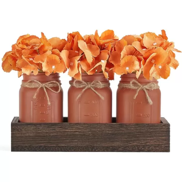 Mkono Mason Jar Centerpiece Decorative Wood Tray with 3 Painted Jars Artificial Flowers Rustic Country Farmhouse Fall Decor for Coffee Table Dining Room Living Room KitchenOrange