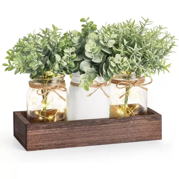 Mkono Mason Jar Table Centerpiece for Dining Room Farmhouse Lighted Dining Coffee Table Decor Wood Tray with 3 Mason Jars Table Summer Centerpiece Decor for Dining Room Bathroom Kitchen WhiteWhite