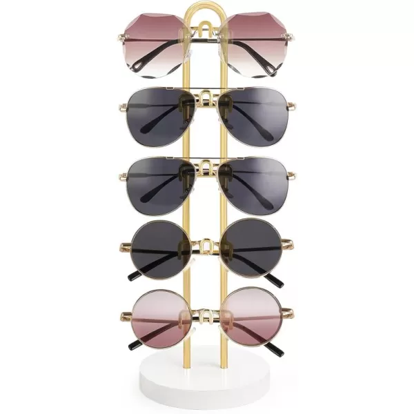 Mkono Sunglasses Organizer Glasses Holder Stand Sunglass Storage Eyeglasses Rack Metal Frame with Wood Base for 5 Pairs of Eyewear Display for Table Desk Countertop Dresser Bedroom Set of 1 BlackGold