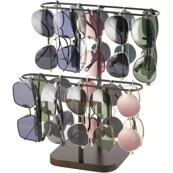 Mkono Sunglasses Organizer Glasses Holder Stand for 24 Pairs of Eyewear 2 Tier Sunglass Storage Eyeglasses Display Rack Metal Frame with Wood Base for Table Desk Countertop Dresser Bedroom BlackBlack