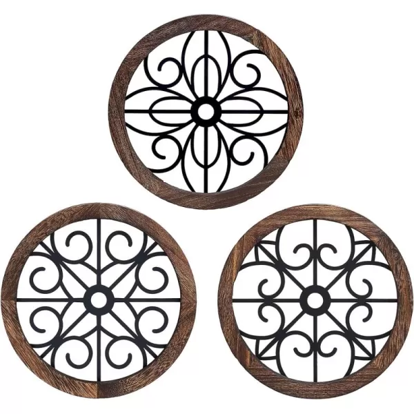 Mkono Thickened Wall Decor 3 Pack Rustic Round Wall Art Geometric Scrolled Metal with Wooden Frame Farmhouse Hanging Decoration for Living Room Hallway Bedroom Small Size 97 x 97