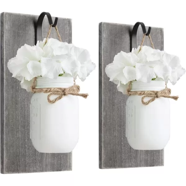Mkono Wall Sconces Rustic Sconces Set of 2 Farmhouse Mason Jars Bathroom Decor Wood Boards with Fairy Lights and Flowers Fall Wall Decor for Home Kitchen Living Room White