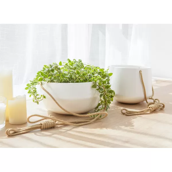 imageMkono Ceramic Hanging Planter of Shallow 8 Inch and Deep 6 Inch for Indoor Outdoor Plants Set of 2 Modern Plant Pot Geometric Porcelain Hanging Basket with Polyester Rope Hanger