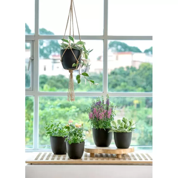 imageMkono 65quot Plastic Planters with Saucers Indoor Set of 5 Flower Plant Pots with Drainage for All House Plants Herbs Foliage Plant and Seeding Nursery Cream WhiteBlack