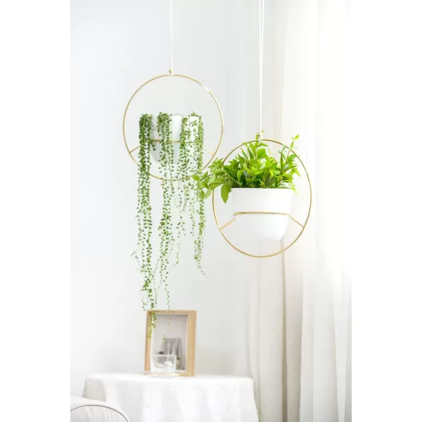 imageMkono Boho Hanging Planter Set of 2 Round Metal Plant Hanger with Plastic Plant Pot Modern Wall and Ceiling Planter Mid Century Flower Pot Holder Fits 6 Inch Planter Pots Included Gold