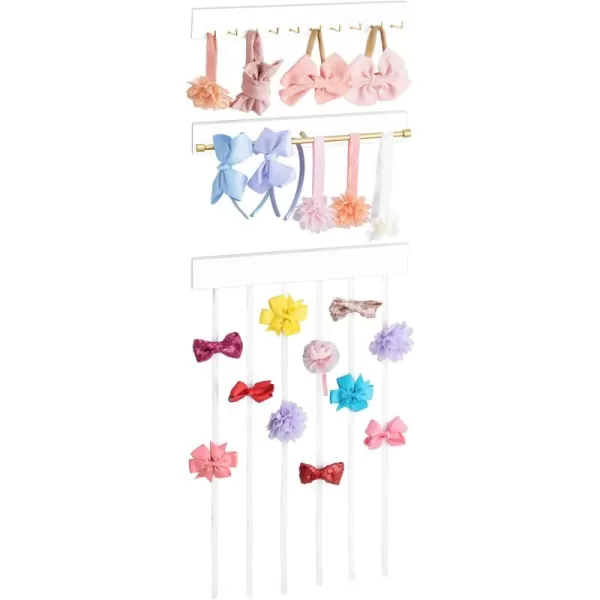 imageMkono Hair Bows Holder Organizer for Girls Headband Bow Rack with Golden Metal Bar and 10 Hooks Set of 3 Wood Hair Clips Bow Storage Organizer for Girls Hair Accessories Organize