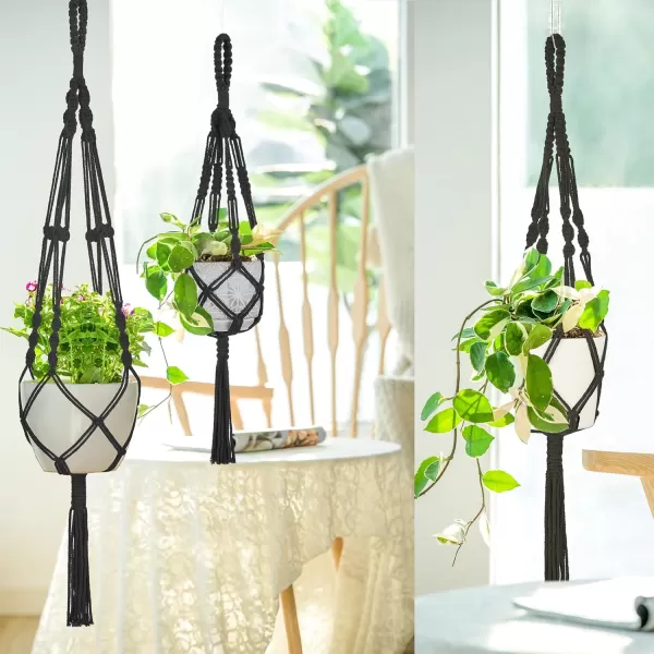 imageMkono 3 Pack Macrame Plant Hangers Different Sizes Hanging Planters Indoor Basket Decorative Flower Pots Holder Stand Boho Home Decor BlackBlack