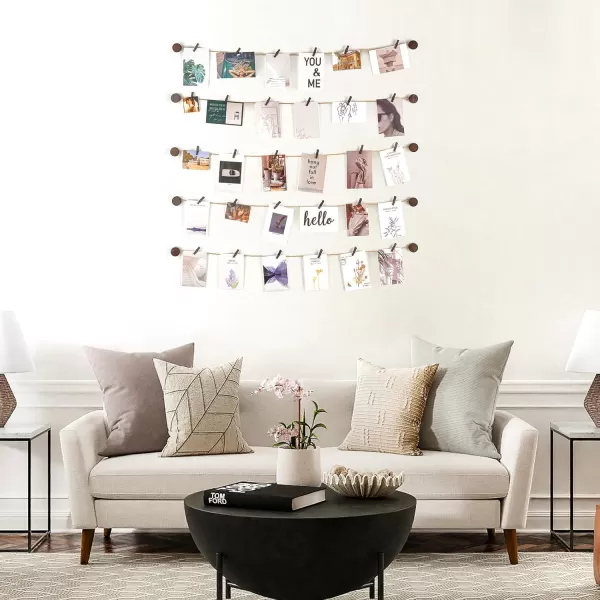 imageMkono Hanging Photo Display Pictures Wall Decor 5 Rope Strings with 30 Clips Multi Pictures Cards Holder Teen Girl Room Wall Art for Bedroom Nursery Dorm Room Birthday Christmas Gift IvoryBrown