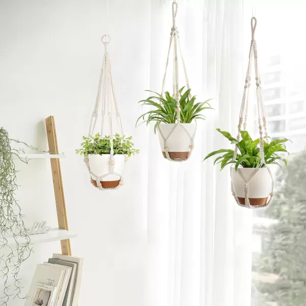 imageMkono Hanging Planters Macrame Plant Hangers with Self Watering Plant Pots Indoor Set of 3 Hanging Baskets Flower Pot Holders with Hooks No Tassels 3 Different Size for Boho Home Decor Ivory