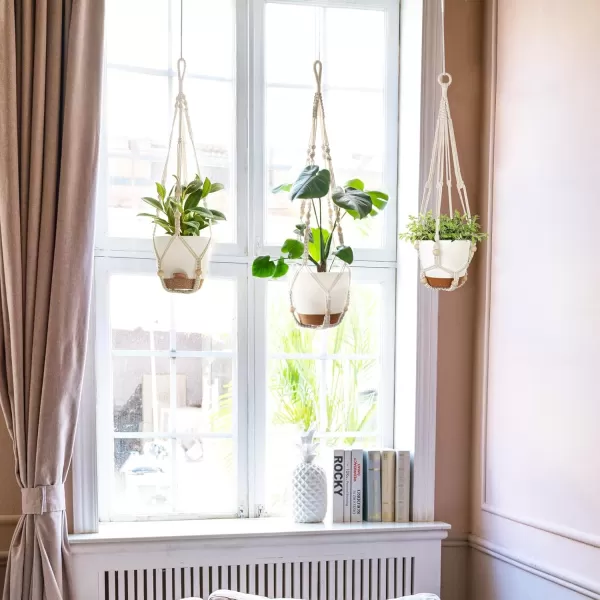 imageMkono Hanging Planters Macrame Plant Hangers with Self Watering Plant Pots Indoor Set of 3 Hanging Baskets Flower Pot Holders with Hooks No Tassels 3 Different Size for Boho Home Decor Ivory