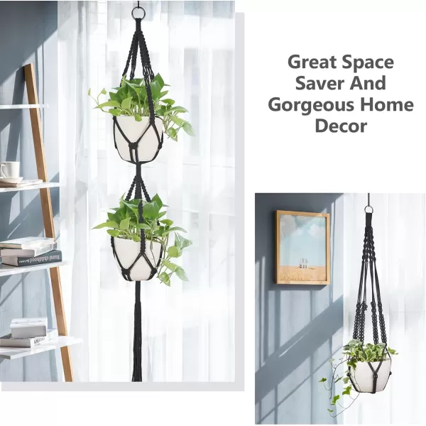 imageMkono Macrame Plant Hangers 5 Pack Different Tiers Indoor Hanging Planters Basket with 5 Hooks Decorative Flower Pots Holder Stand Boho Home Decor BlackBlack