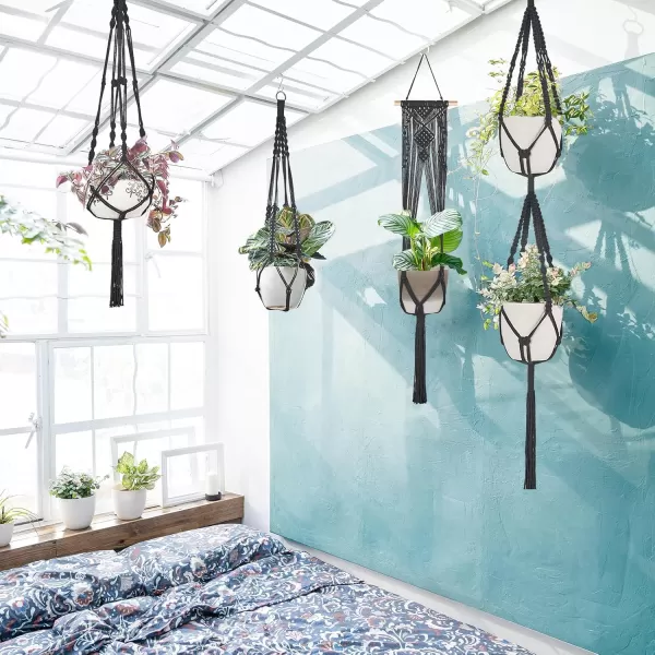 imageMkono Macrame Plant Hangers 5 Pack Different Tiers Indoor Hanging Planters Basket with 5 Hooks Decorative Flower Pots Holder Stand Boho Home Decor BlackBlack