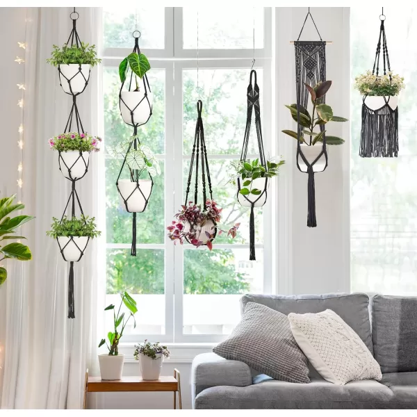 imageMkono Macrame Plant Hangers 6 Pack Indoor Hanging Planters for Plants with 6 Hooks Decorative Hanging Basket Flower Pots Holder Stand in Different Sizes for Modern Home Decor BlackBlack