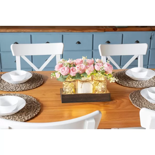 imageMkono Mason Jar Lights Centerpiece Table Decorations for Dining Room Farmhouse Table Decor Tray with 3 Jars Flowers Christmas Centerpieces Thanksgiving Decor for Kitchen Living Dining Room PinkPink