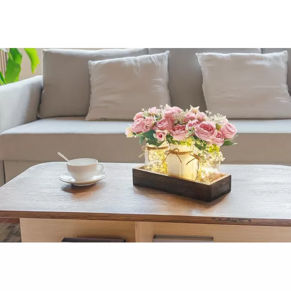 imageMkono Mason Jar Lights Centerpiece Table Decorations for Dining Room Farmhouse Table Decor Tray with 3 Jars Flowers Christmas Centerpieces Thanksgiving Decor for Kitchen Living Dining Room PinkPink