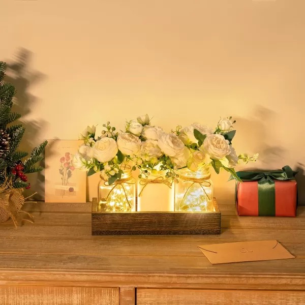 imageMkono Mason Jar Lights Centerpiece Table Decorations for Dining Room Farmhouse Table Decor Tray with 3 Jars Flowers Christmas Centerpieces Thanksgiving Decor for Kitchen Living Dining Room PinkWhite