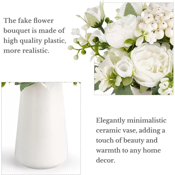 imageMkono Small Artificial Flowers in Ceramic Vase Centerpieces Table Decor Silk Flower Arrangements for Home Decor Indoor Fake Flower Bouquet for Shelf Kitchen Dining Room Office Wedding WhiteWhite