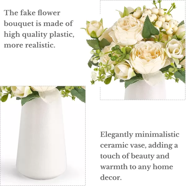 imageMkono Small Artificial Flowers in Ceramic Vase Centerpieces Table Decor Silk Flower Arrangements for Home Decor Indoor Fake Flower Bouquet for Shelf Kitchen Dining Room Office Wedding WhiteChampagne