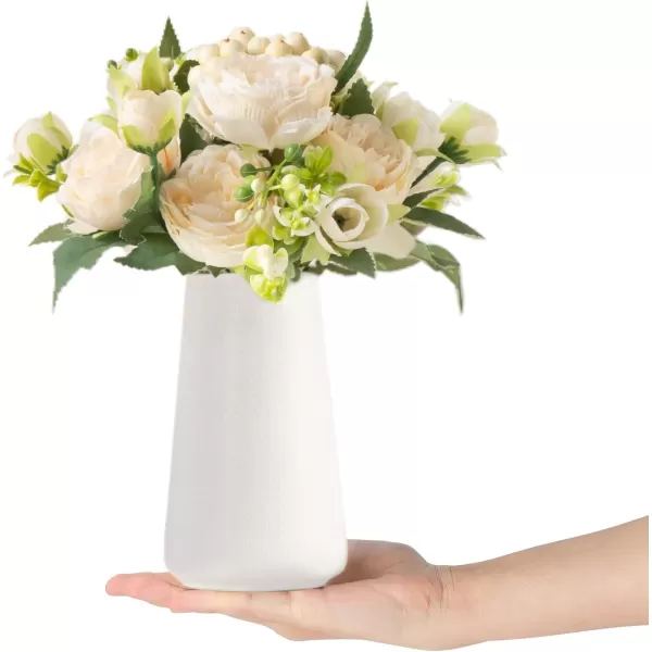 imageMkono Small Artificial Flowers in Ceramic Vase Centerpieces Table Decor Silk Flower Arrangements for Home Decor Indoor Fake Flower Bouquet for Shelf Kitchen Dining Room Office Wedding WhiteChampagne