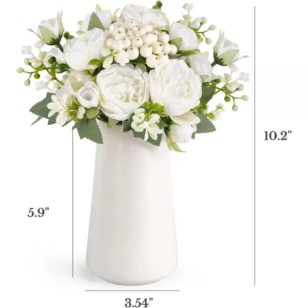 imageMkono Small Artificial Flowers in Ceramic Vase Centerpieces Table Decor Silk Flower Arrangements for Home Decor Indoor Fake Flower Bouquet for Shelf Kitchen Dining Room Office Wedding WhiteWhite