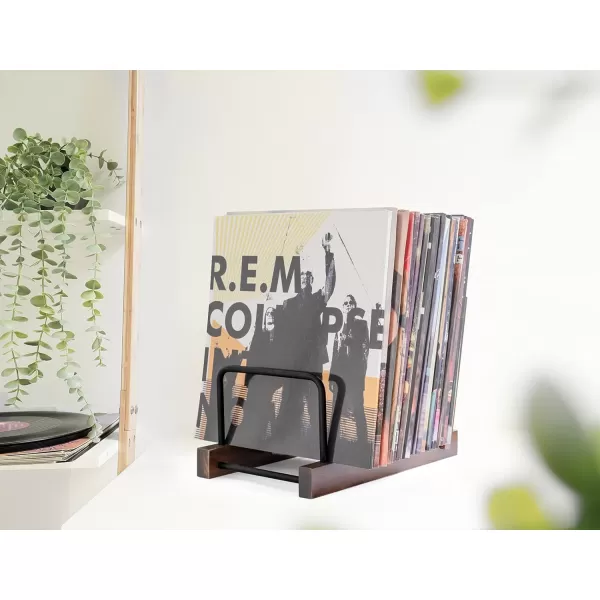 imageMkono Vinyl Record Storage Holder Modern Album Display Solid Wood Stand with Black Metal Rack Farmhouse Home Decor Organizer for Vinyl Record Holds up to 30 Albums 118L x 7W x 87H Brown
