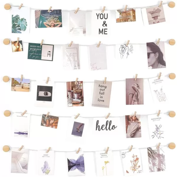 imageMkono Hanging Photo Display Pictures Wall Decor 5 Rope Strings with 30 Clips Multi Pictures Cards Holder Teen Girl Room Wall Art for Bedroom Nursery Dorm Room Birthday Christmas Gift IvoryIvory