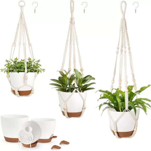 imageMkono Hanging Planters Macrame Plant Hangers with Self Watering Plant Pots Indoor Set of 3 Hanging Baskets Flower Pot Holders with Hooks No Tassels 3 Different Size for Boho Home Decor Ivory