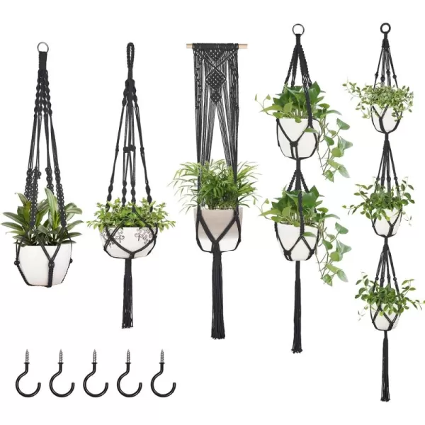 imageMkono Macrame Plant Hangers 5 Pack Different Tiers Indoor Hanging Planters Basket with 5 Hooks Decorative Flower Pots Holder Stand Boho Home Decor BlackBlack
