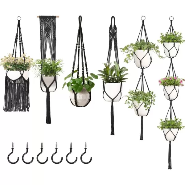 imageMkono Macrame Plant Hangers 6 Pack Indoor Hanging Planters for Plants with 6 Hooks Decorative Hanging Basket Flower Pots Holder Stand in Different Sizes for Modern Home Decor BlackBlack
