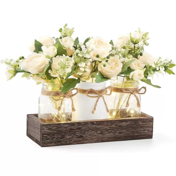 imageMkono Mason Jar Lights Centerpiece Table Decorations for Dining Room Farmhouse Table Decor Tray with 3 Jars Flowers Christmas Centerpieces Thanksgiving Decor for Kitchen Living Dining Room PinkWhite