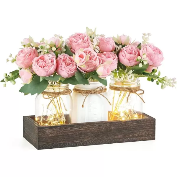 imageMkono Mason Jar Lights Centerpiece Table Decorations for Dining Room Farmhouse Table Decor Tray with 3 Jars Flowers Christmas Centerpieces Thanksgiving Decor for Kitchen Living Dining Room PinkPink