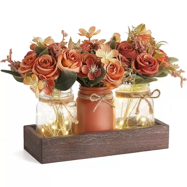 imageMkono Mason Jar Lights Centerpiece Table Decorations for Dining Room Farmhouse Table Decor Tray with 3 Jars Flowers Christmas Centerpieces Thanksgiving Decor for Kitchen Living Dining Room PinkOrange