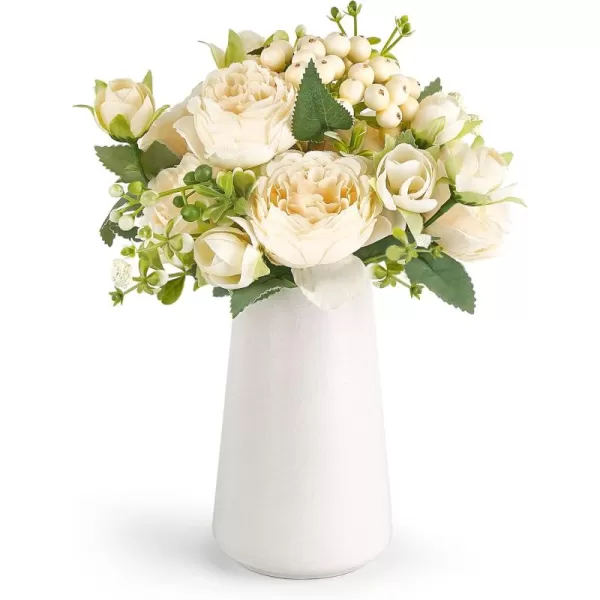imageMkono Small Artificial Flowers in Ceramic Vase Centerpieces Table Decor Silk Flower Arrangements for Home Decor Indoor Fake Flower Bouquet for Shelf Kitchen Dining Room Office Wedding WhiteChampagne