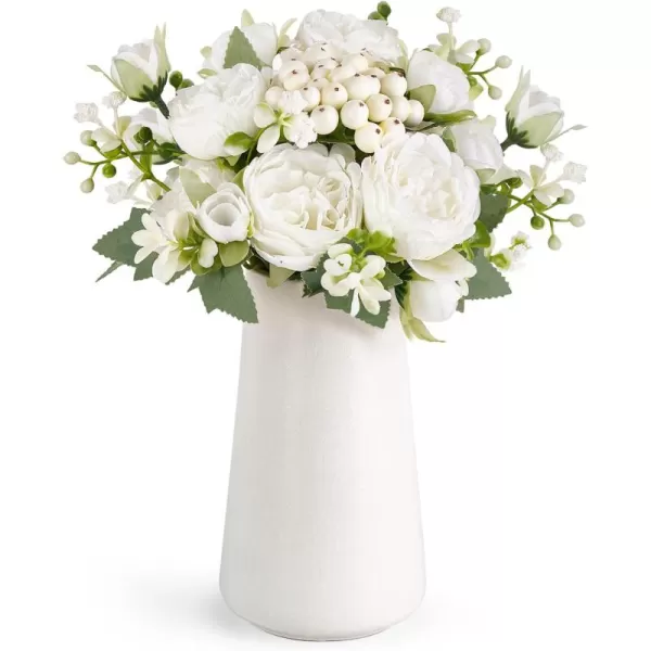 imageMkono Small Artificial Flowers in Ceramic Vase Centerpieces Table Decor Silk Flower Arrangements for Home Decor Indoor Fake Flower Bouquet for Shelf Kitchen Dining Room Office Wedding WhiteWhite