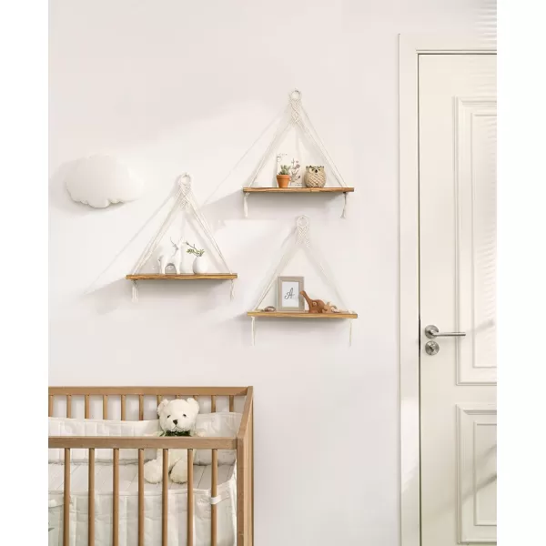 imageMkono Macrame Hanging Shelves Boho Wall Decor Set of 3 Rustic Wood Floating Storage Shelf for Bedroom Bathroom Living Room Nursery Dorm Room Display Shelving for Hanging Plants PhotosWhite