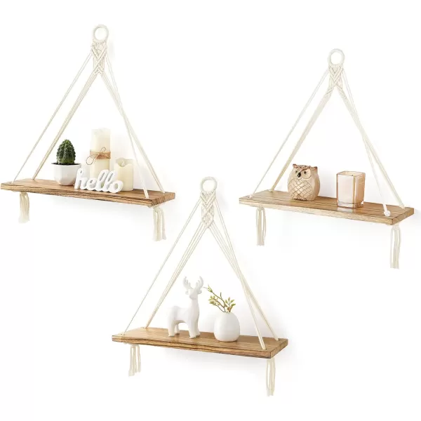 imageMkono Macrame Hanging Shelves Boho Wall Decor Set of 3 Rustic Wood Floating Storage Shelf for Bedroom Bathroom Living Room Nursery Dorm Room Display Shelving for Hanging Plants PhotosWhite